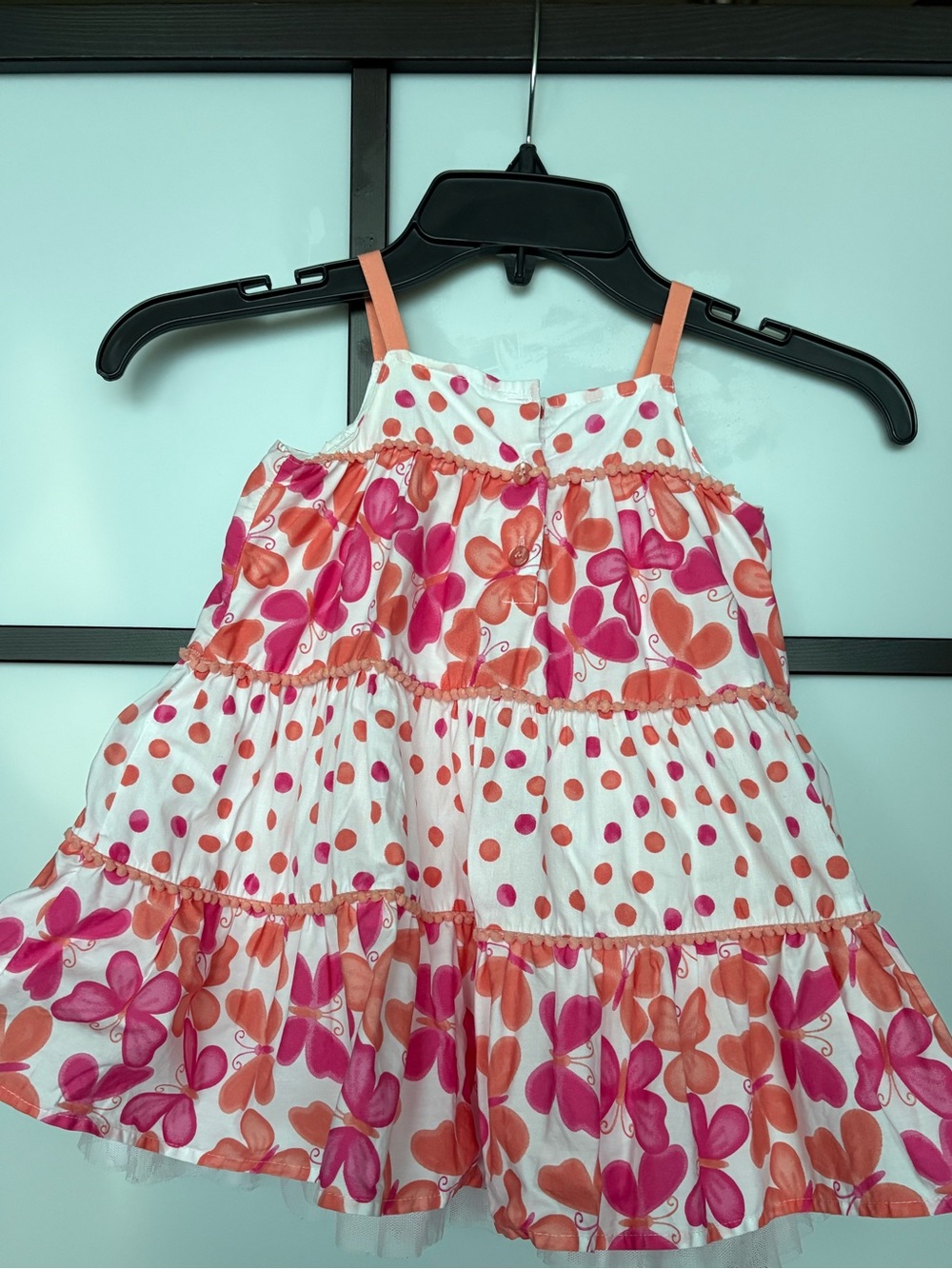 KIDS Little Me 24M Butterfly Polka Dot Tiered Pink Orange Cotton Dress Tulle Hem - Picture 3 of 8